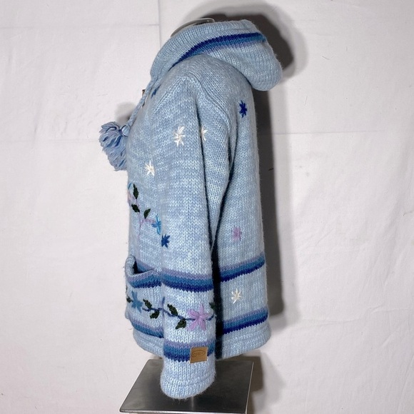 Kyber Blue Knit Full Zip Lined Wool Snowflake Flower Hoodie Sweater S - Picture 3 of 15